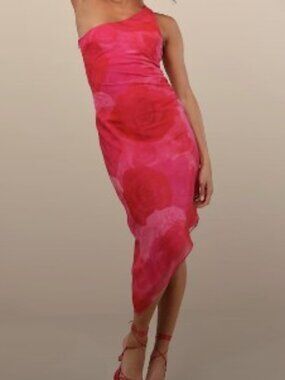 Lulus Pink Floral One Shoulder Asymmetrical Midi Dress NWT Romantic Wedding